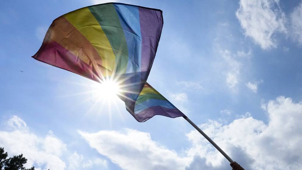 En pride-flagga viftas framför solsken.