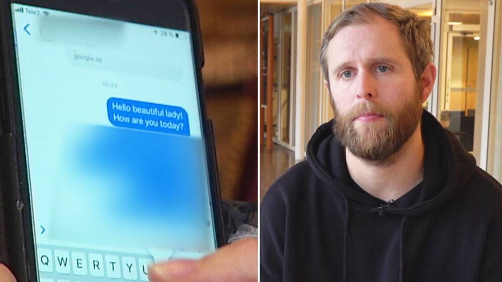 närbild på mobilskärm med chatt, samt närbild på Kearney – en man med skägg och svart luvtröja