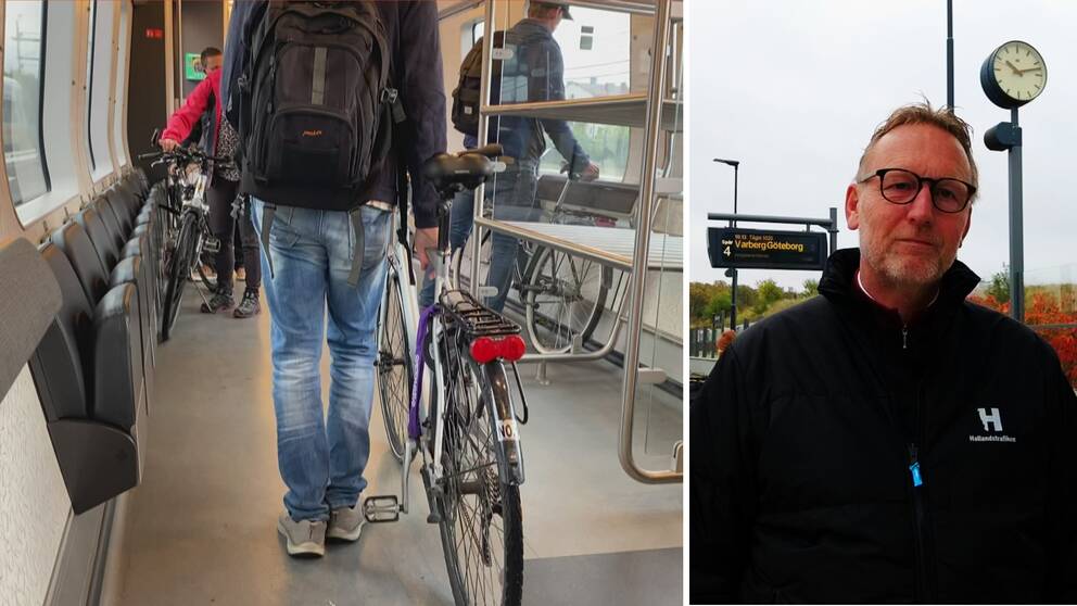 Delad bild, Peter Gyllander, presschef på Hallandstrafiken på en tågperrong, och någon som står med sin cykel inne i en cykelvagn