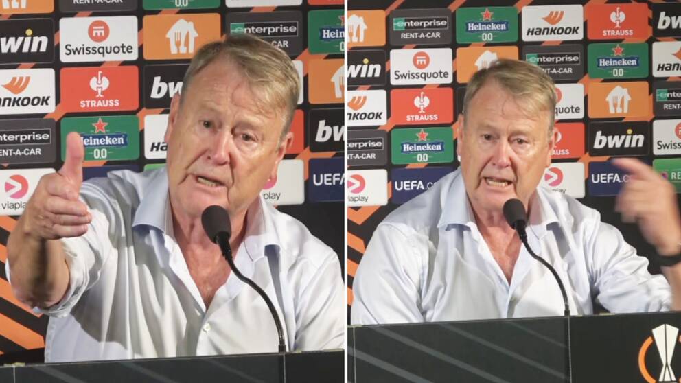 Här rasar Åge Hareide efter matchen.