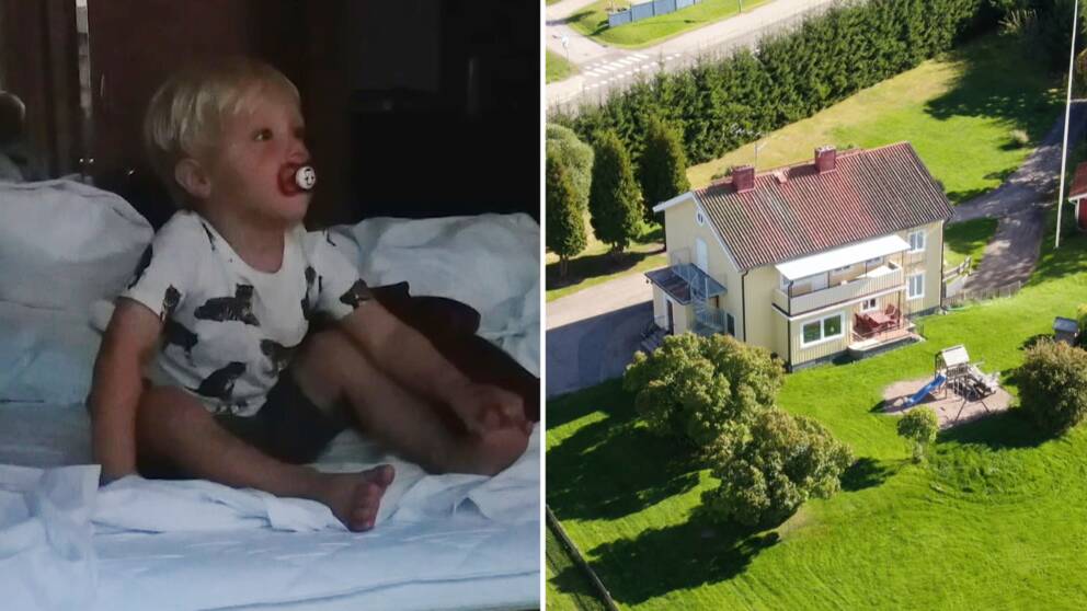 Till vänster syns en bild på lille John Walter när han sitter på en säng. Till höger syns en bild på HVB-hemmet Platea i Hagfors där pojken bodde innan han dog, efter att ha smitit ut genom en obevakad dörr.