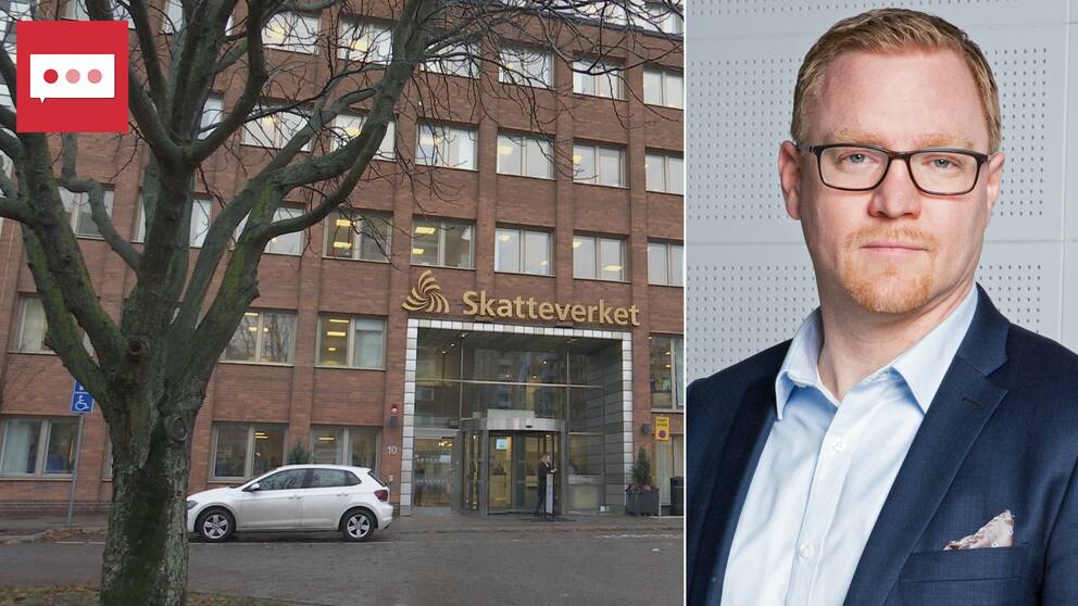 Exteriör bild på ett av Skatteverkets kontor samt en porträttbild på Skatteverkets verksamhetsexpert Tobias Wijk