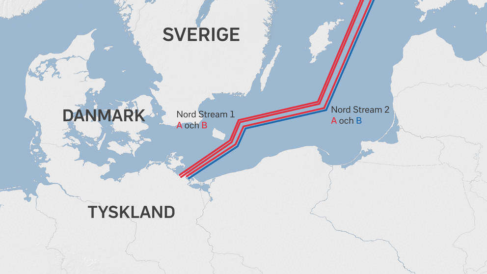 Tre av Nord Streams fyra ledningar är förstörda enligt Danmarks Energistyrelse (markerade rött). Illustrationen markerar ej exakt dragning. 