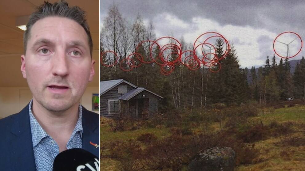Delad bild – till vänster en bild på en man i blå kostym, till höger en karta som visar hur det skulle se ut ifall vindkraft byggdes på ripfjället.