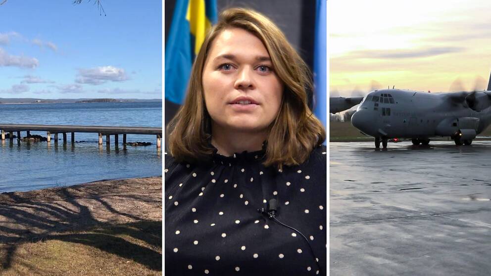 Till vänster vatten, i mitten Josefine Agerberg och till höger ett flygplan på Karlsborgs flygplats.