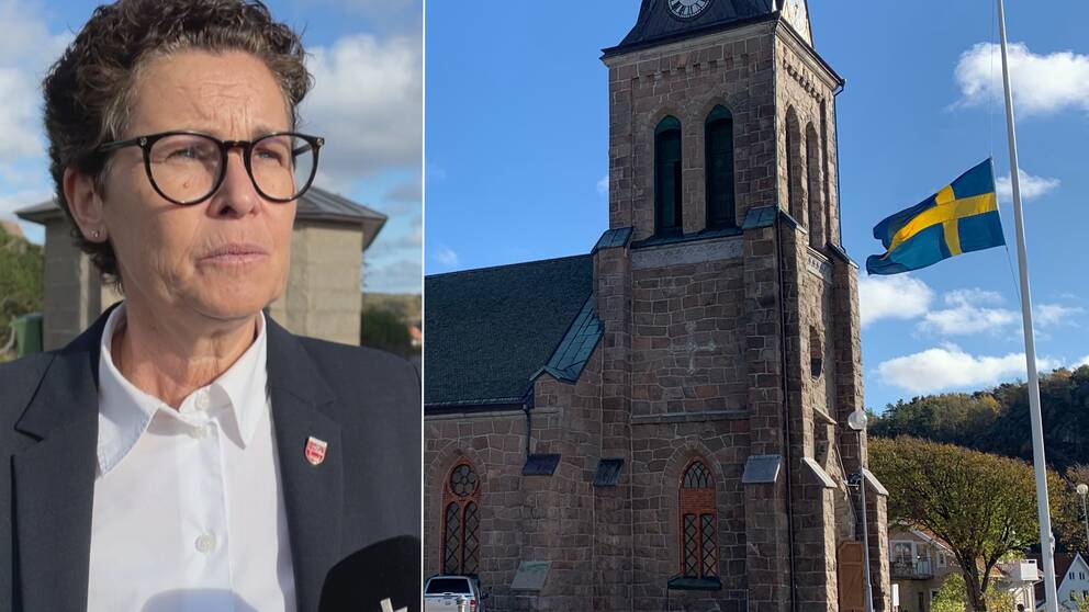 Kommunstyrelnsen ordförande i Tanum, Liselotte Fröjd (M) i kavaj och vit skjorta, delad bild med Fjällbacka kyrka