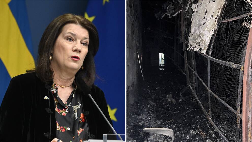 Ann Linde (S) t.v. och bilder inifrån det eldhärjade Evinfängelset t.h..
