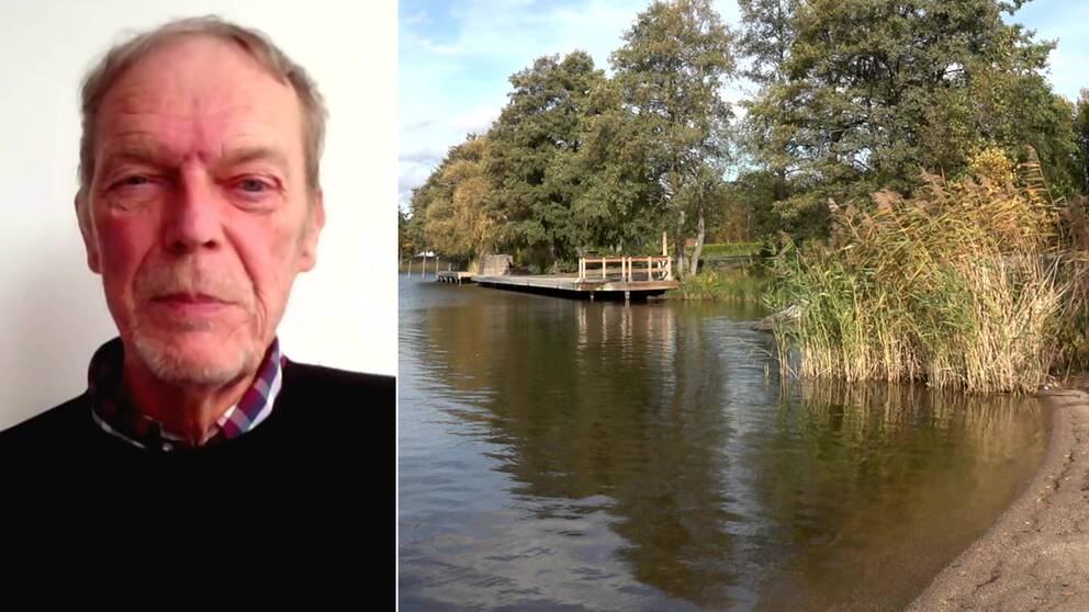 Bilden är delad i två. Den vänstra bilden är en bild på en man i 70-årsåldern. Det är Carl-Gustaf Hagander som tidigare arbetat som tekniskt råd vid Mark- och miljööverdomstolen och som länsarkitekt. Den högra bilden är en bild på en bit av stranden och en brygga vid Mälarbadsbadet utanför Eskilstuna.