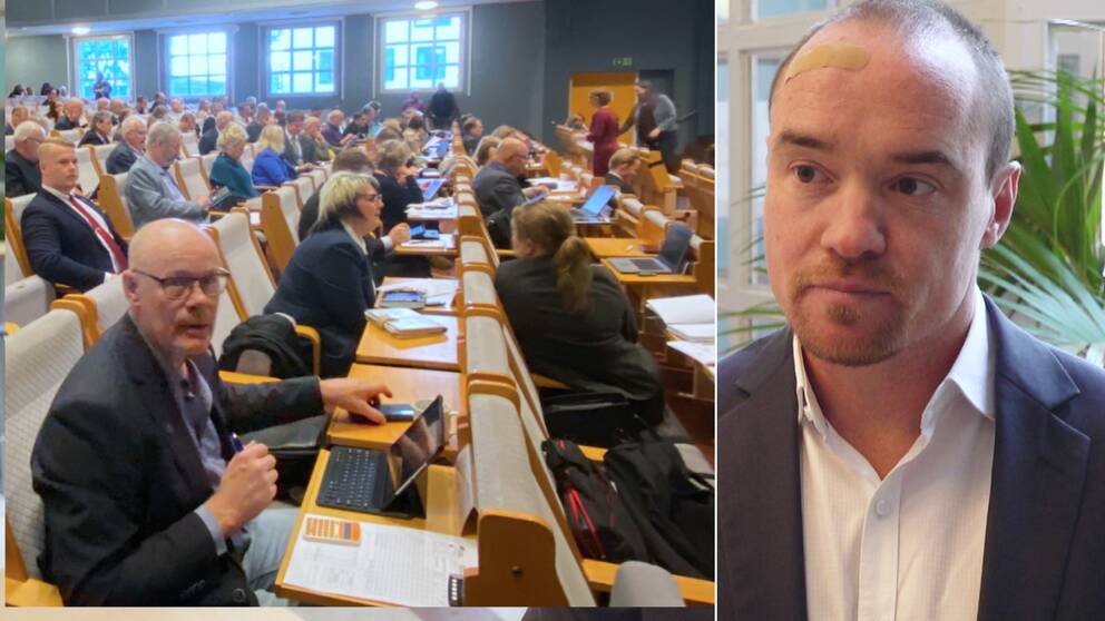 Delad bild – till vänster en sal med människor som sitter vid en mängd träbänkar. Till höger en bild på en man med ett plåster i pannan, Kent Ekeroth.