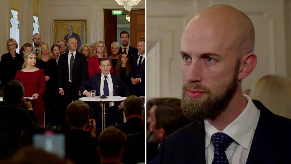 en man utan hår som har ganska rosa läppar samt en uppställning av de 24 nya ministrarna – som presenterades i Stockholm, med statsminister Ulf Kristersson i täten.