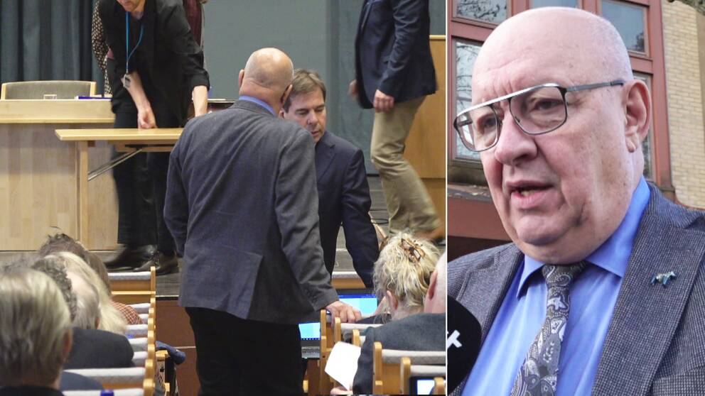 Delad bild – till vänster står två män i en sal när regionfullmäktige samlats, till vänster en bild på en man med glasögon och blå skjorta, Ulf Berg.