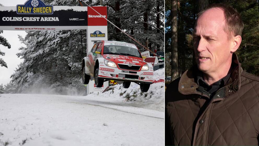 En hoppande rallybil och Glenn Olsson.