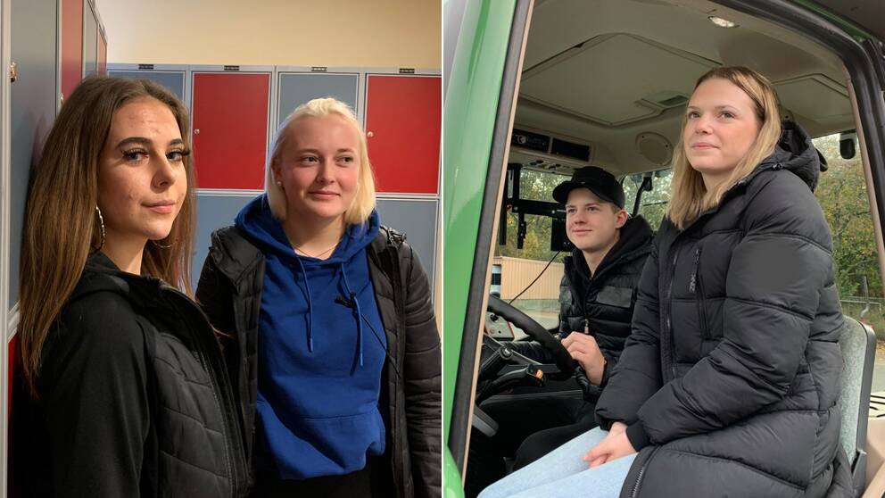 Två ungdomar i en skolkorridor och två i en traktor.