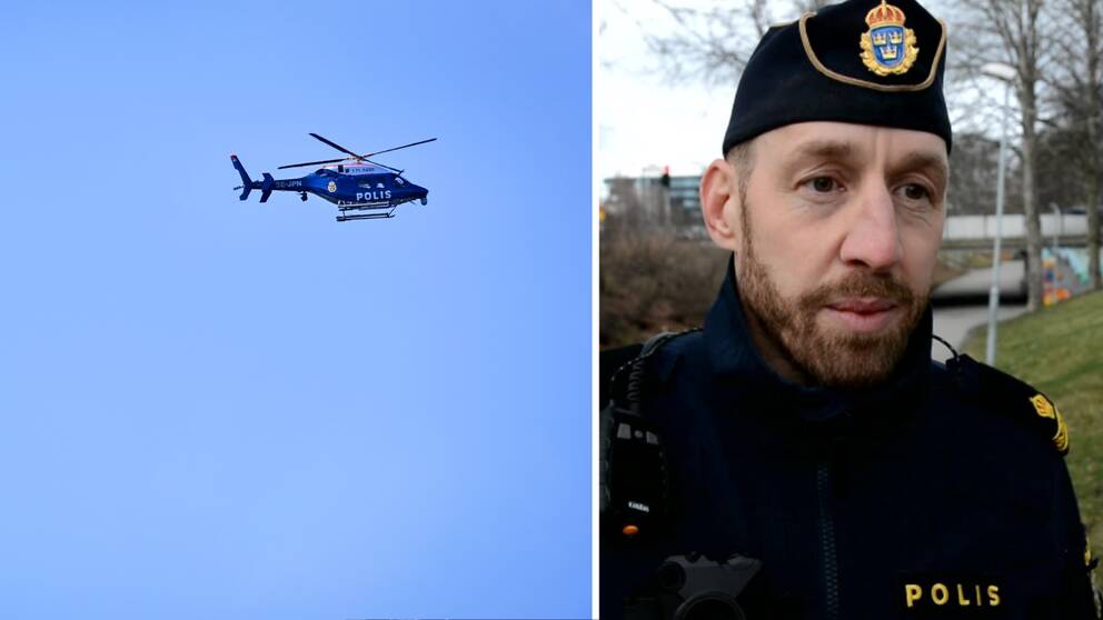 Splitbild på polis Mikael Alfredsson intill en polishelikopter.