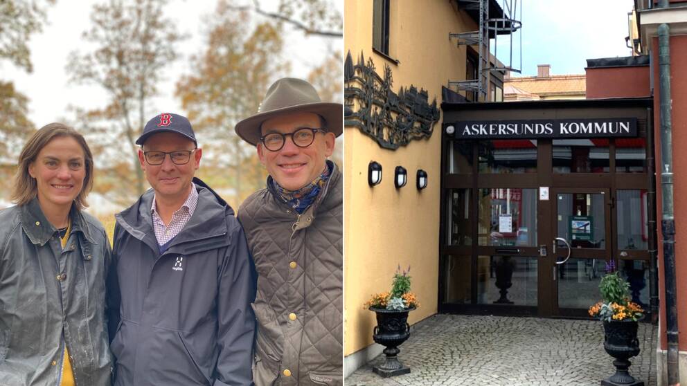 Caroline Dieker (M), Hans Sedström (KD) och Fredrik Wernheden (L) på en bild tillsammans, utomhus med höstlika träd i bakgrunden. Andra bilden, porten till Askersunds kommunhus, märkt ”Askersunds kommun”.