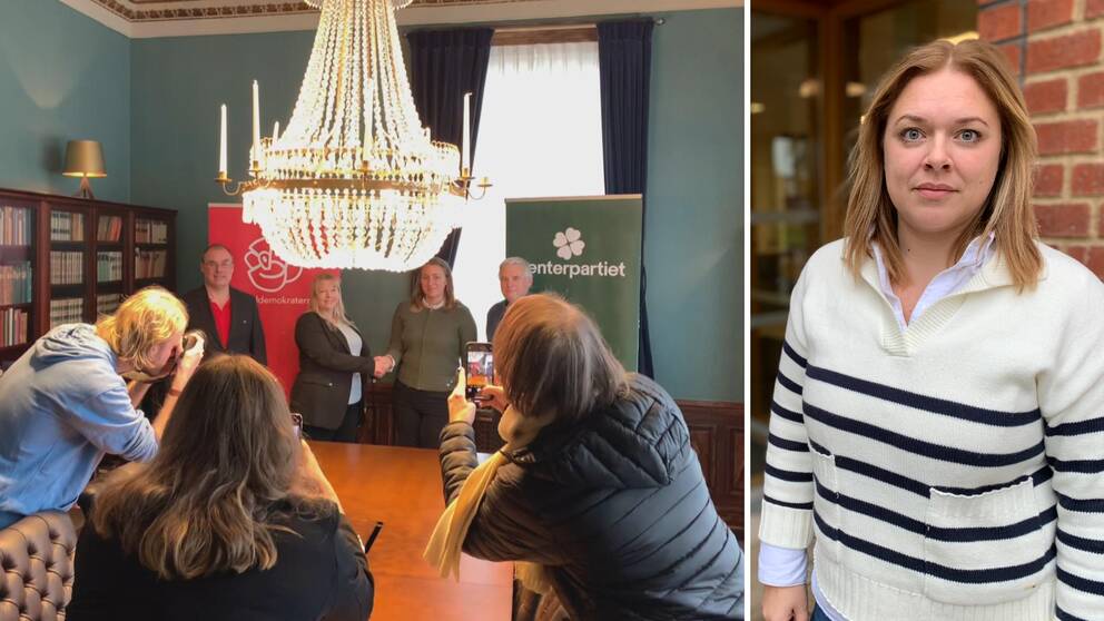 Kommunpolitikern Emma Dahlin (M) till vänster utomhus.