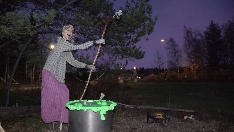 En figur av en häxa med en läskig mask rör i en kittel som bubblar med lysande grönt innehåll. En av många saker att se i längs spökstigen som Urban Liljeström i Stöcke har skapat.