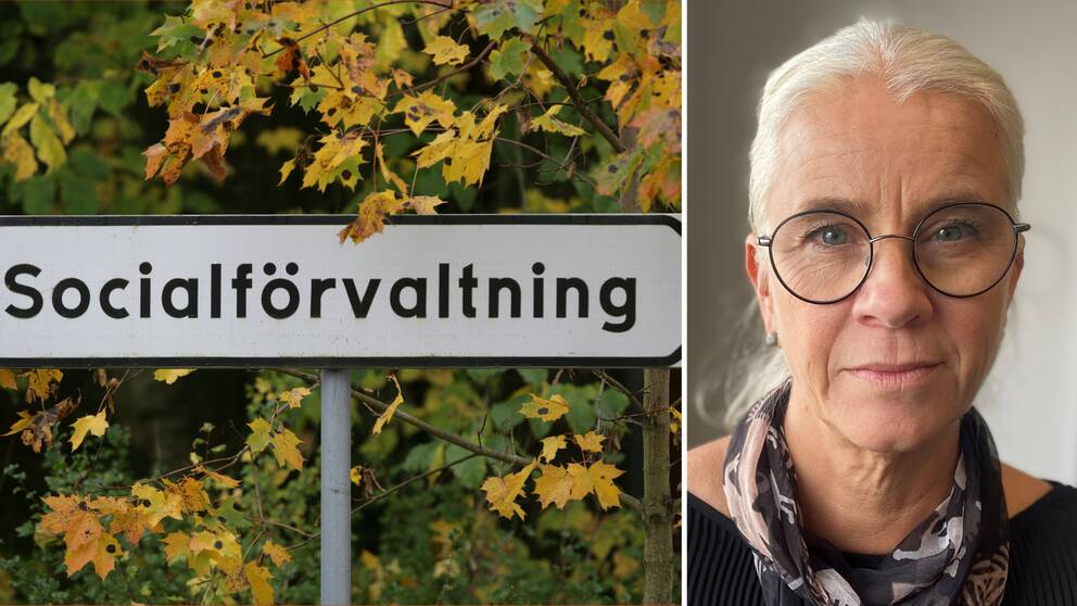 En bild på en skylt med socialförvaltningen och en bild på Åsa Jonsson Sköld.