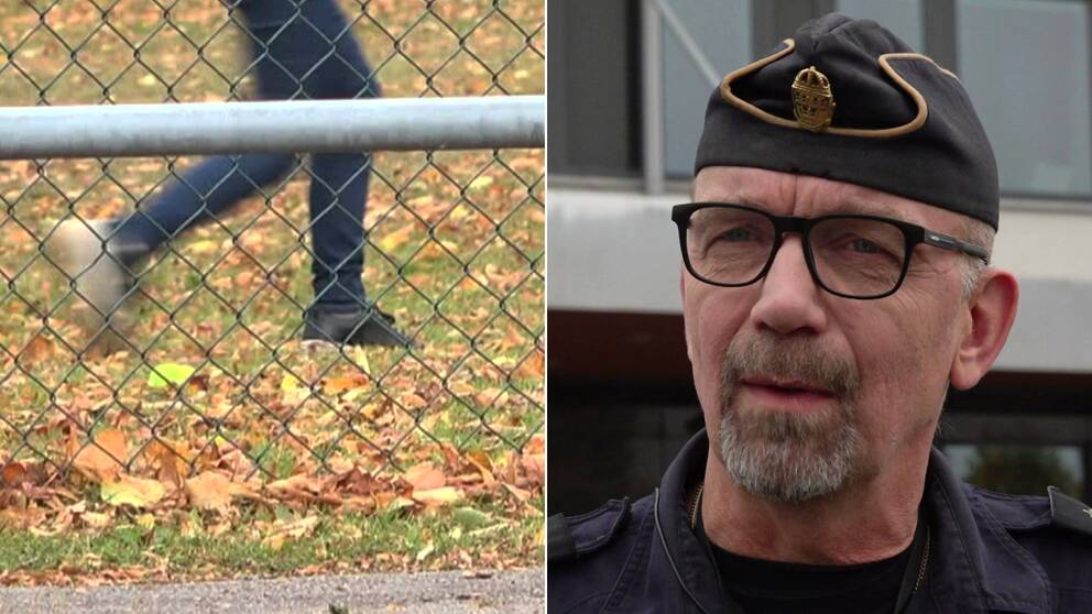 en suddig gående tonåring bakom ett stängsel och en polis i glasögon.