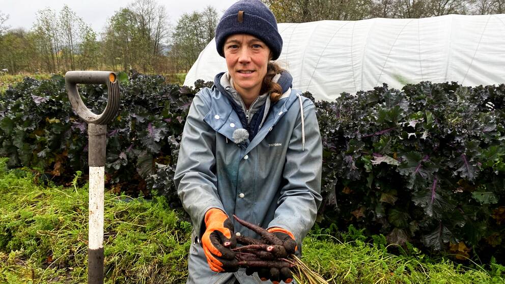 Bild på en kvinna som står i en odling. Hon står framför flera växter och grönsaker. Bredvid henne står en spade. Kvinnan heter Molly Ryggs och har en odling i Slättåkra som är småskalig.