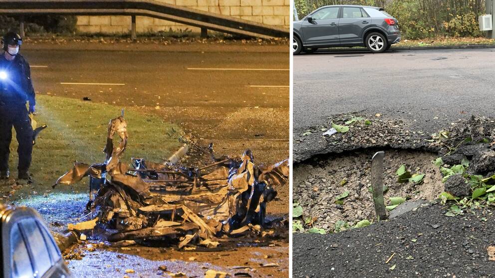 Fotmontage polis sprängd bil och ett hål i marken efter bomben
