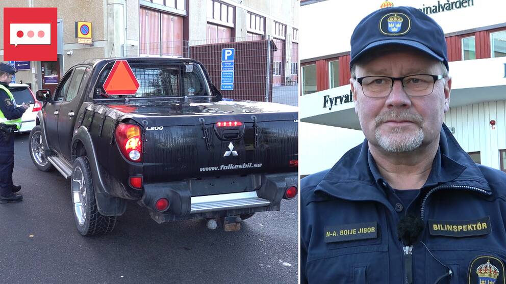 Delad bild. Till vänster en svart A-traktor bakifrån. Till höger polisens bilinspektör Nils-Anders Boije Jibor. Han tror det blir svårt att stoppa manipuleringen av A-traktorerna.