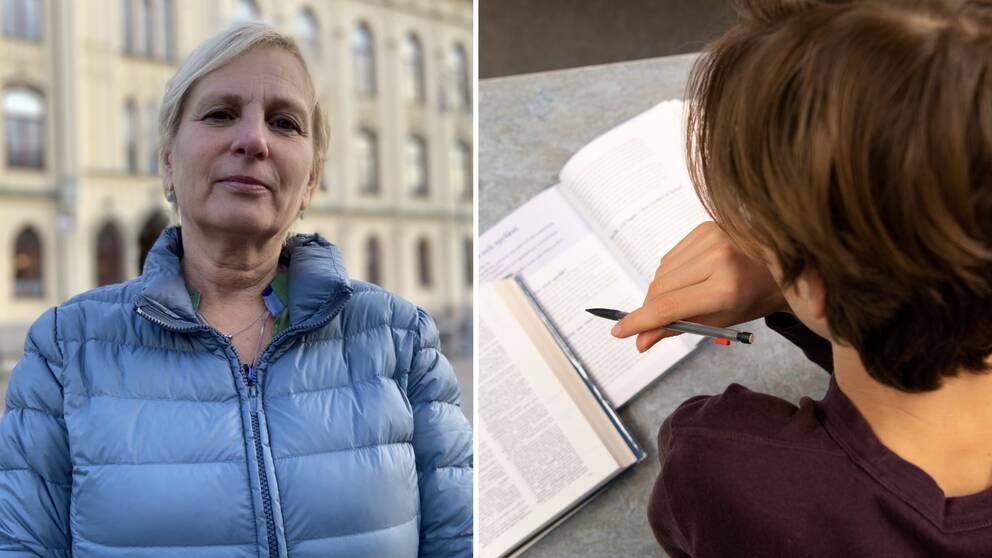 Till vänster bild på skolchefen i Örebro utanför rådhuset. Till höger en bild på bakhuvudet på en elev som skriver i en bok.