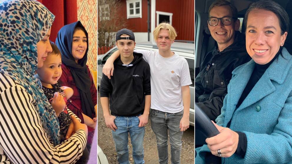 en bildsplitt med tre olika bilder bredvid varandra. Två kvinnor och en av de har ett barn i famnen, två ungdomar, pojkar i tonåren håller om varandra ohc kollar in i kameran, bakom de är en a-traktor, samt ett par, en man och en kvinna, i en bil, kvinnan håller i bilens ratt.