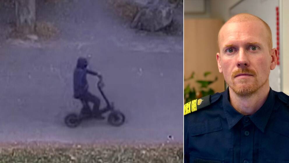 Till vänster: övervakningsfilm visar gärningsmannen körandes på en elscooter. Till höger: Christoffer Bohman, chef för utredningssektion för polisen i Sörmland