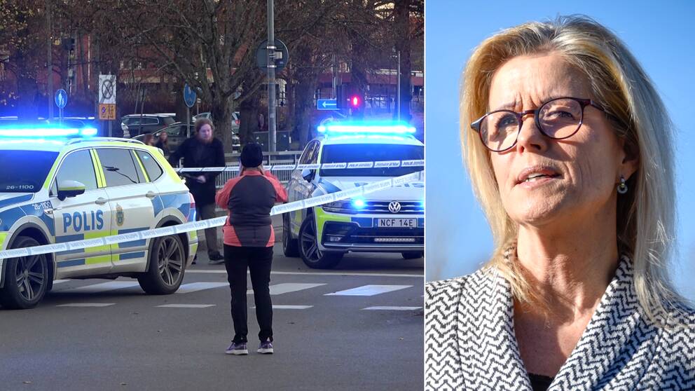 Tvådelad bild. Polisavspärrningar över en gata med människor och två polisbilar med blåljus. Porträtt av Åsa Wiklund Lång som kisar mot solen.