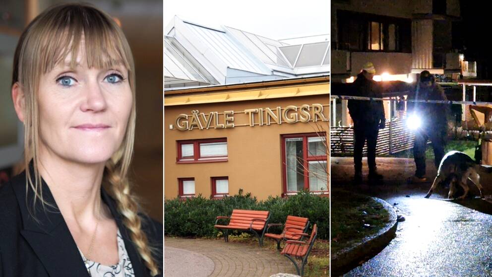 Tredelad bild. Porträtt av Therese Stensson Jonsson. Bild på Gävle tingsrätt utifrån entren. En mörk bild från mordnatten där en polishund syns i ljuset av en ficklampa.