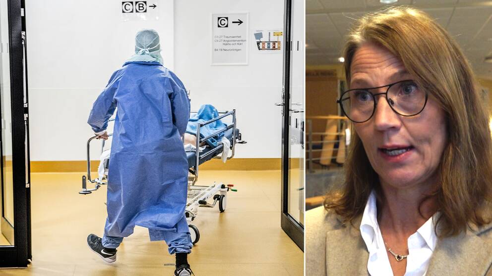 Vårdpersonal syns bakifrån, skjuter en sjukhussäng framför sig. Till höger en kvinna med brunt halvlångt hår med glasögon.