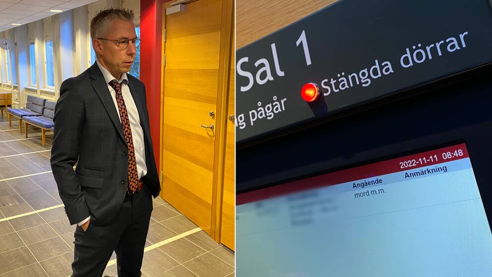 Montage: Till vänster en bild på Jens Göransson i mörk kostym, vit skjorta och mönstrad orange-svart slips. Står med händerna i byxfickorna och tittar på något till höger. Högra bilden visar en närbild på displayen vid rättegångssalen där målsnummer m.m är blurrat. ”Sal 1, mord m.m.”