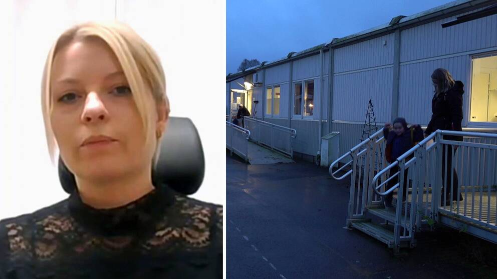 Till vänster en Maria Hedin (S). Till höger, mamma och barn lämnar förskolan i Landeryd. det skymmer.
