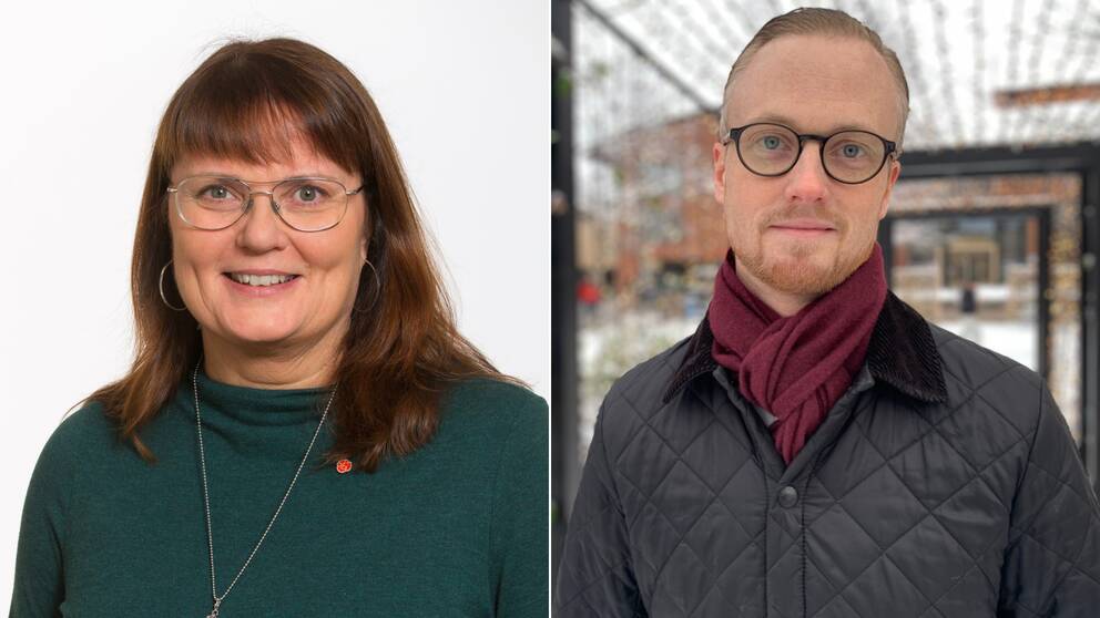 Till vänster ser vi Anna-Lena Danielsson(S) hon är klädd i en mörkgrön tröja och har glasögon. Till höger ser vi Andreas Löwenhöök (M) har står utomhus och är klädd i en svart jacka och har en vinröd halsduk.