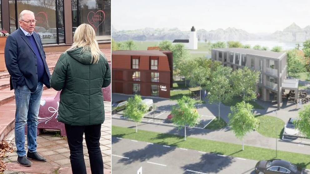 Delad bild – till vänster står en man i mörk blå kavaj och jeans, vid sidan av honom en blond kvinna med grön täckjacka. Till höger finns en bild på de planerade bostäderna som ett företag vill bygga på marken i Idre.