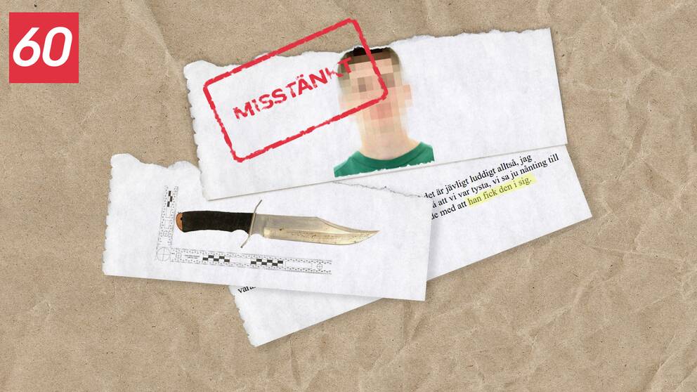 Ett kollage av bilder med den misstänkte 17-åringen som är blurrad, en bild på den cirka 40 centimeter långa kniv som åklagaren tror användes vid mordet på Johannedal i Sundsvall den 8 september 2022.