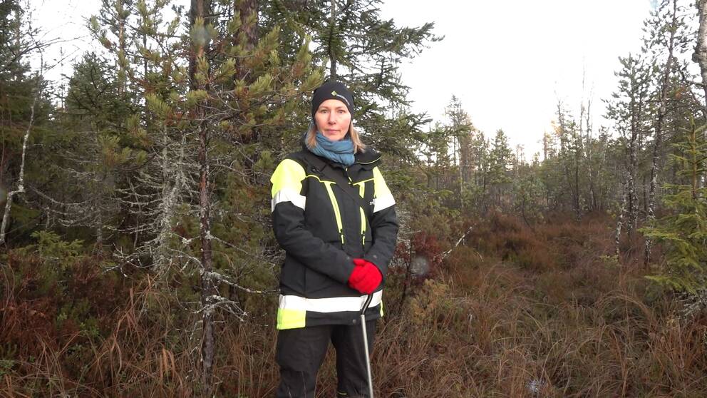 Skogstyrelsens Paulina Enoksson står i skogsmiljö. Hon har långt hår och mössa och är klädd i svart jacka med reflekterande detaljer. Hon har ett verktyg i händerna och tittar rakt in i kameran.