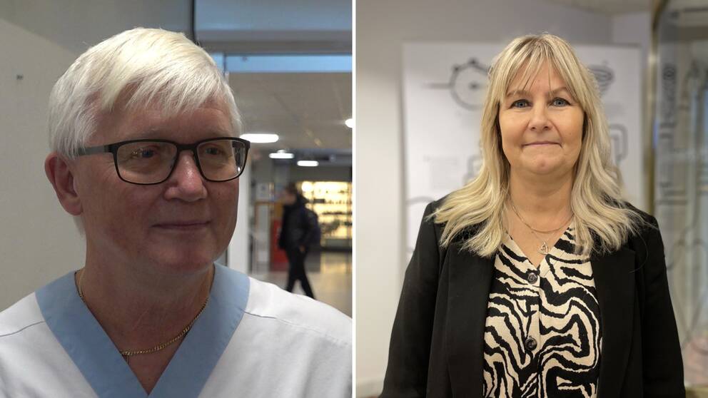 Porträtt på två personer, en äldre man med glasögon och sjukvårdskläder och en kvinna med långt hår och mönstrat klänning.