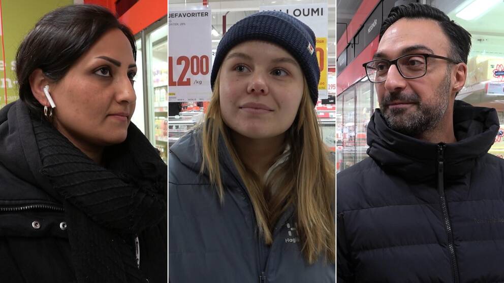 Porträtt på tre personer inne i en matbutik, iklädda vinterjackor.