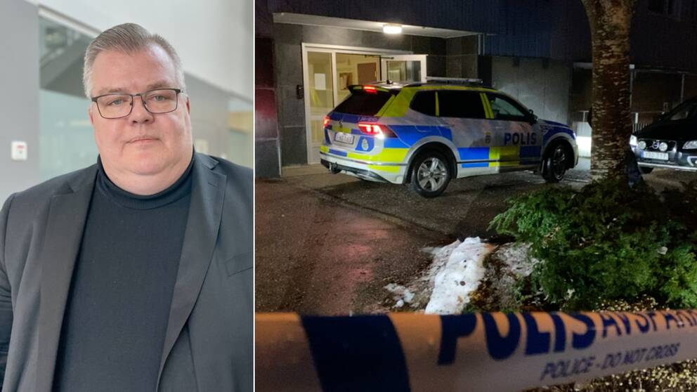 Åklagare Karl-Johan Norström, polisbil utanför explosionsdrabbat hus på Skiljebo i Västerås