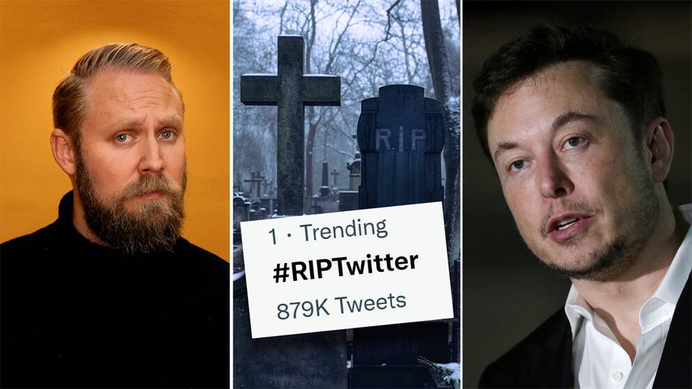 Bildmontage med bild på SVT:s reporter Henrik Sköld, en kyrkogård och Elon Musk.