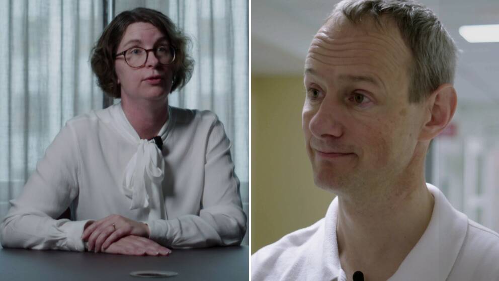 Regionpolitikern Elin Norén (S) med vit blus som sitter vid ett bord, samt en man, verksamhetschefen på kirurgkliniken Falu lasarett.