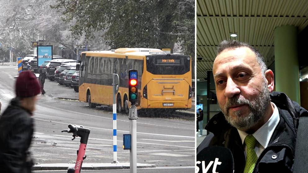 Buss i snö och Michael Haddad, busschaufför.