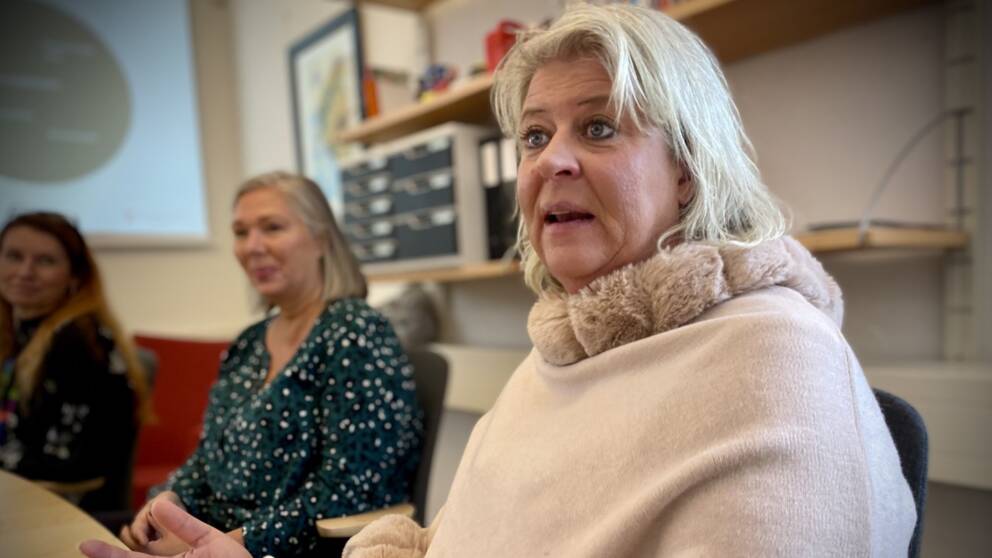 Camilla Waltersson Grönwall (M) sitter i ett rum med några andra kvinnor. Hon har en rosa tröja.