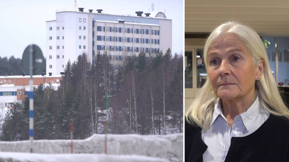 Delad bild. Till vänster Lycksele lasarett fotat på avstånd, till höger en sammanbiten kvinna.