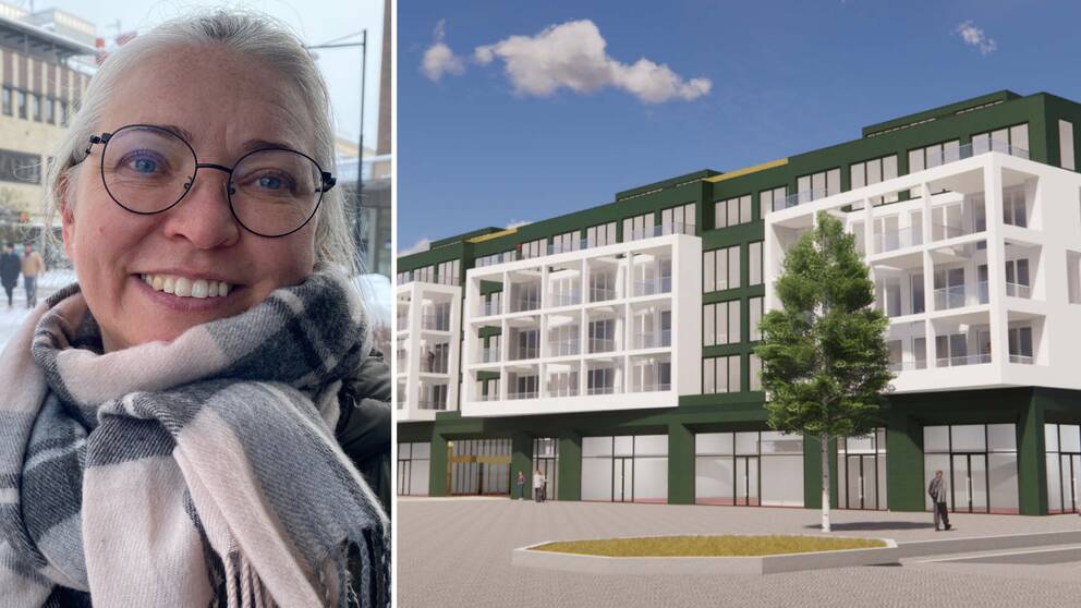 Bilden är delad i två. Den vänstra bilden är en bild på katrineholmaren Natalia Jansson. Den högra bilden är en illustration av ett hus som ska byggas på Stortorget i Katrineholm.