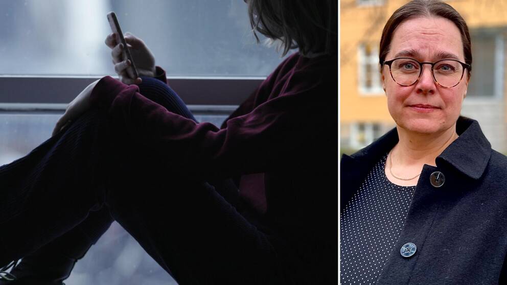 Ett montage med en bild på en kvinna och en anonym bild på en tjej med mobil.