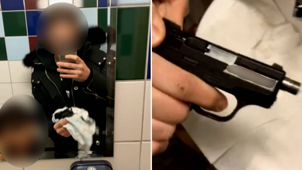 tvådelad bild: kille vars ansikte är suddat filmar sig själv i spegel inne på toalett, samt närbild på en pistol