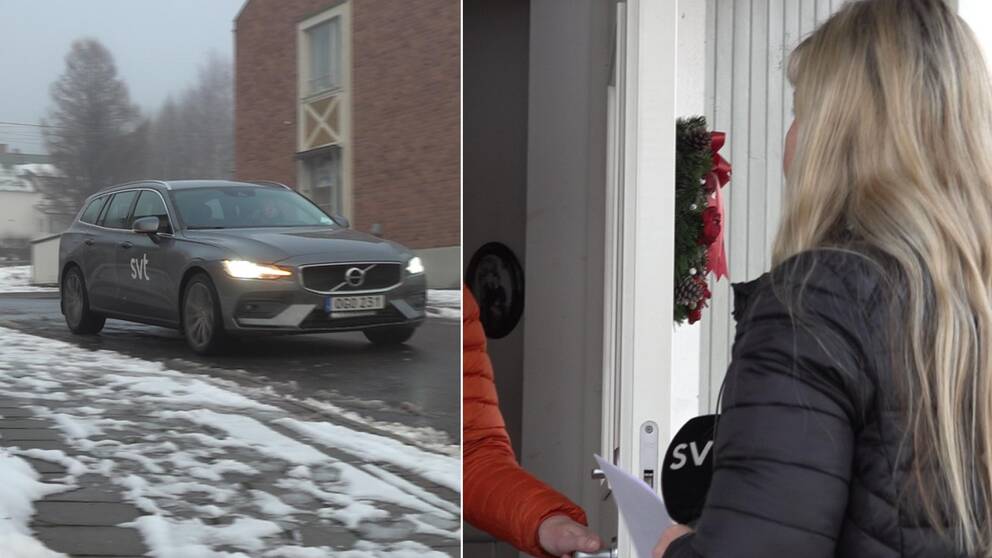 SVT-bil på väg, samt reportern vid en dörr som öppnas på glänt av en person som inte syns